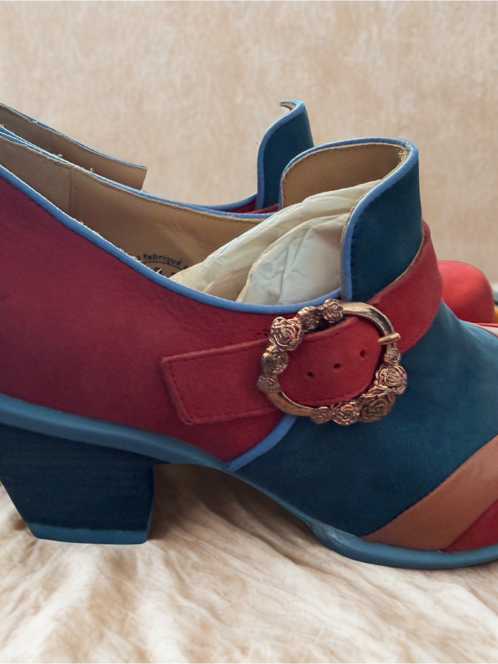 John Fluevog Blue and Red Suede Block Heel Loafers with Rose Gold Buckle - Picture 2 of 2